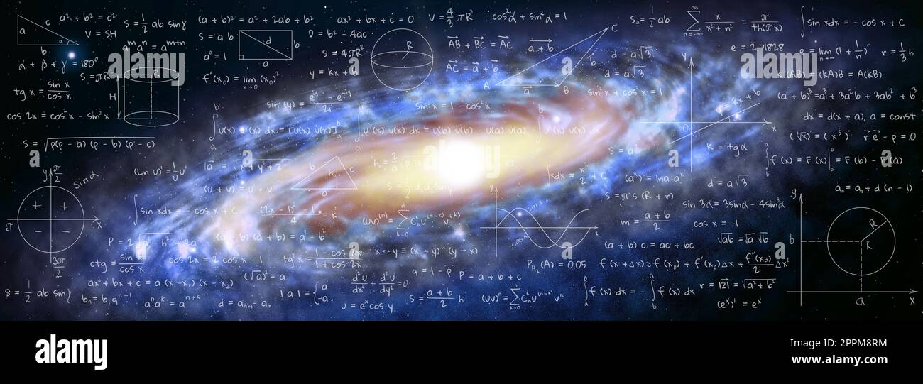 Darstellung der Grundphysik und Mathematikformeln und Galaxie im Universum. Bannerdesign Stockfoto