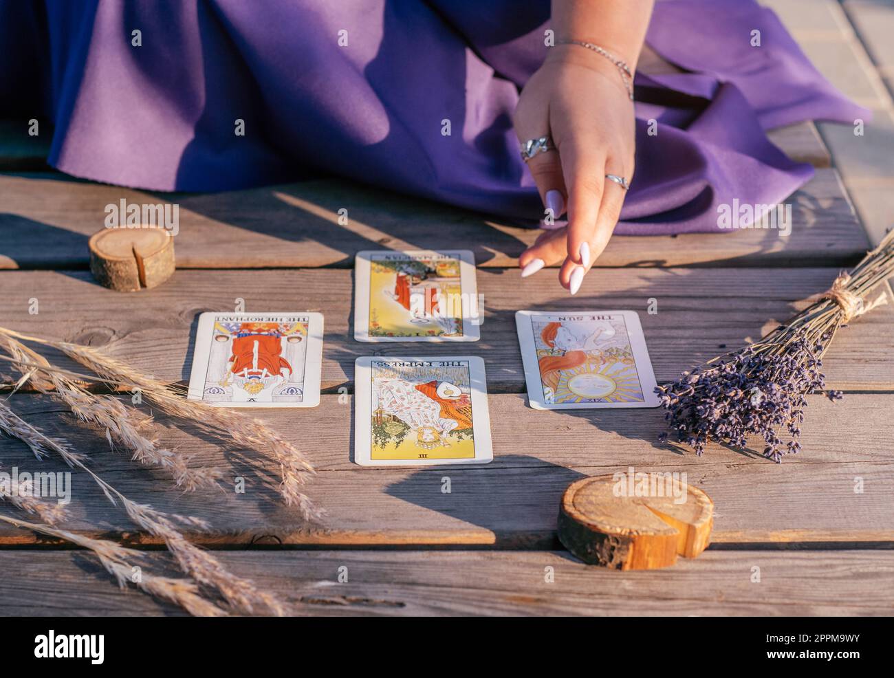 Die Hand einer Frau mit lila Nägeln zeigt auf vier Tarot-Karten, die auf einer Holzfläche neben Stacheln und Lavendel verteilt sind Stockfoto
