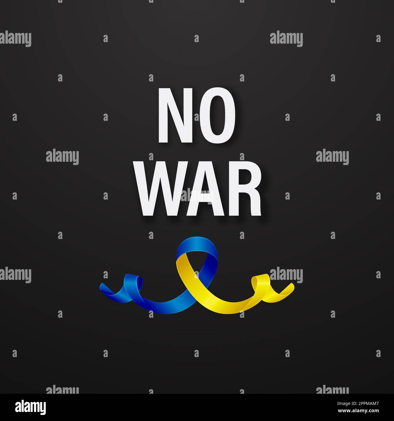 Kein Krieg in der Ukraine. Anti-war-Ruf mit dem Friedenssymbol mit blauem und gelbem Seidenband. Farben Der Ukrainischen Flagge. Kampf, Protest, Unterstützung Der Ukraine, Slogan. Vektordarstellung Stockfoto