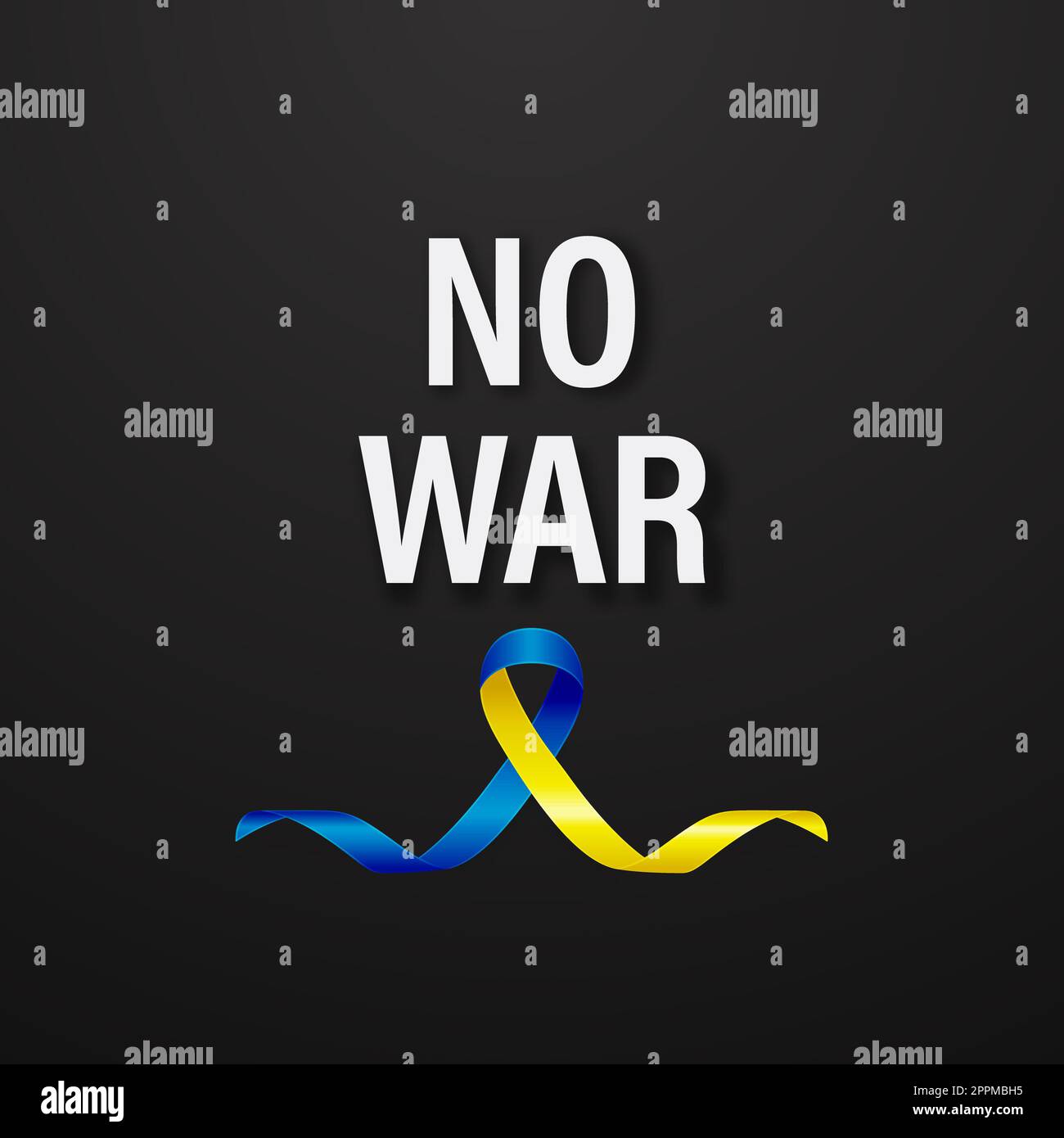 Kein Krieg in der Ukraine. Anti-war-Ruf mit dem Friedenssymbol mit blauem und gelbem Seidenband. Farben Der Ukrainischen Flagge. Kampf, Protest, Unterstützung Der Ukraine, Slogan. Vektordarstellung Stockfoto