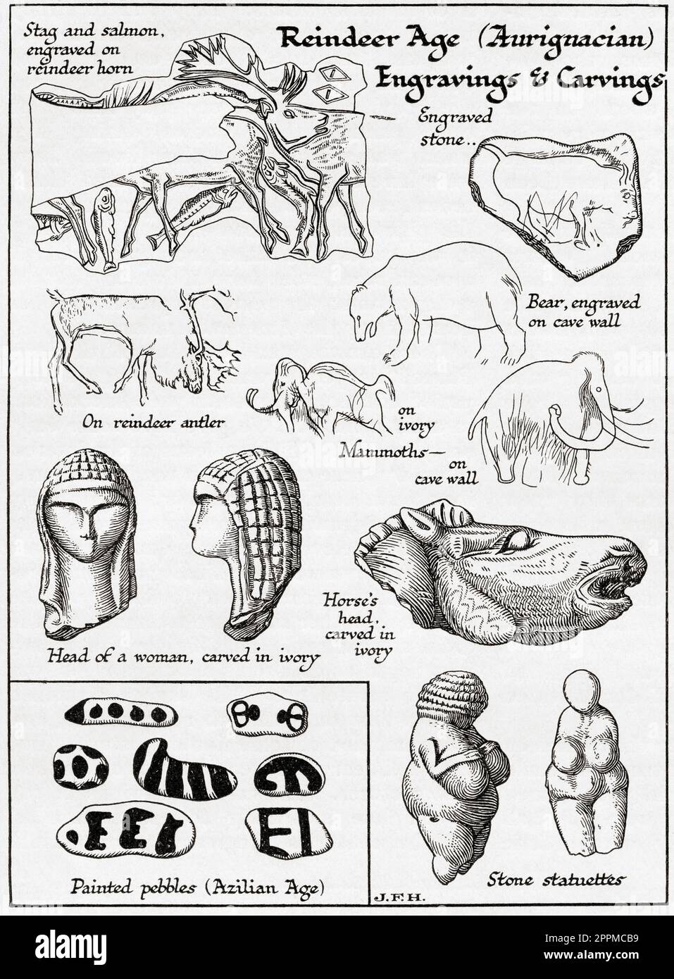 Gravuren und Schnitzereien des Rentieralters (Aurignacian), darunter Hirsch und Lachs auf dem Rentierhorn, Stein, Bär auf der Höhlenwand, Rentiergeweih, Mammotten auf der Höhlenwand, Kopf einer Frau in Elfenbein, Pferdekopf in Elfenbein, Steinstatuetten, Azilianische Pebetten. Aus dem Buch Outline of History von H.G. Wells, veröffentlicht 1920. Stockfoto