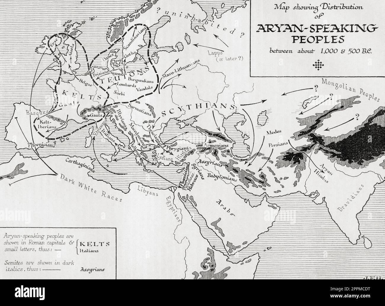Karte mit der Verteilung der Arier sprechenden Menschen zwischen etwa 1.000 und 500 v. Chr. Aus dem Buch Outline of History von H.G. Wells, veröffentlicht 1920. Stockfoto