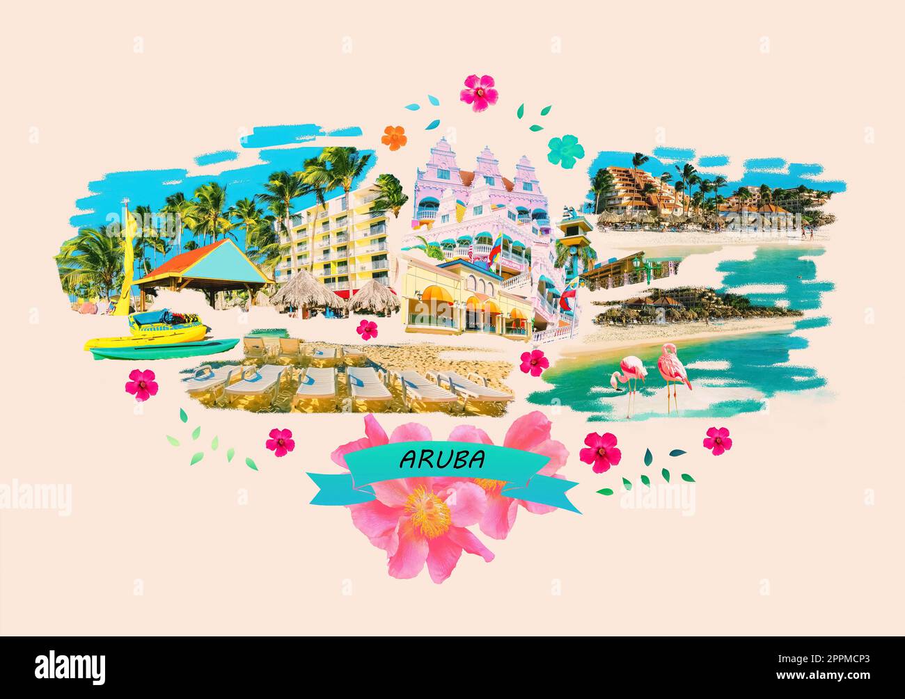 Collage über Aruba - holländische Provinz Oranjestad - wunderschöne karibische Insel. Kunstdesign Stockfoto