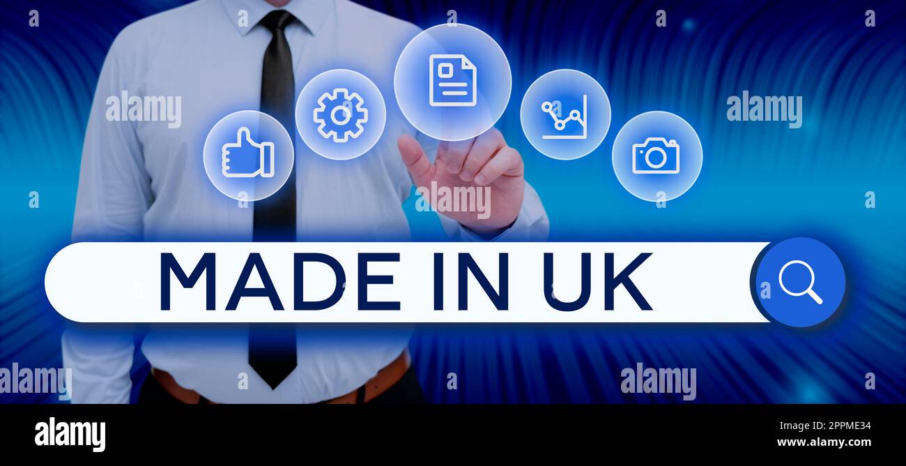 Textzeichen mit „Made in UK“. Geschäftsansatz etwas, das in der britischen Produktion hergestellt wird Stockfoto