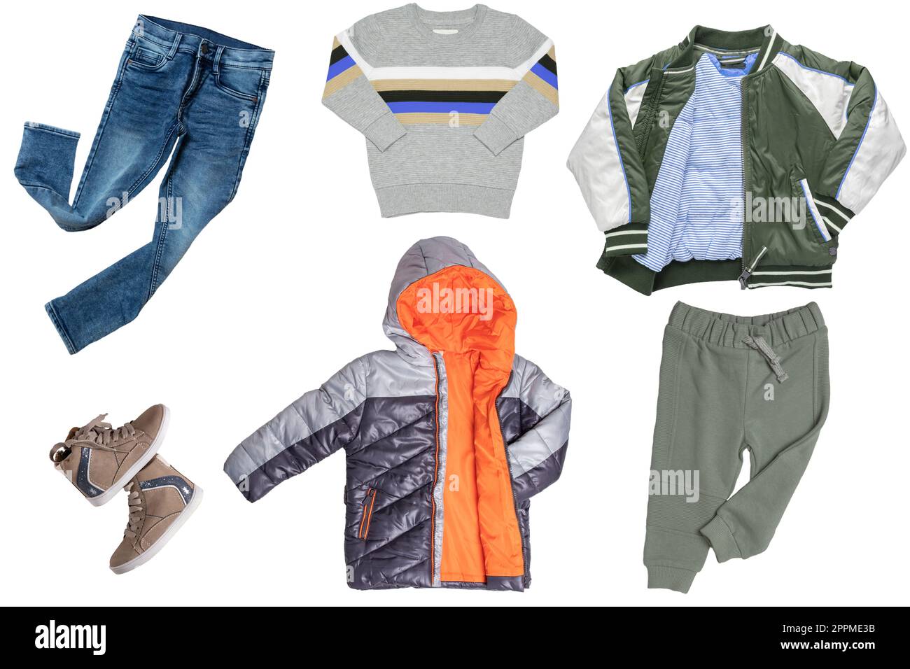 Collage-Set mit Jungen Frühlings-Winterkleidung isoliert. Bekleidungskollektion für Herren. Ein Junge Mode Mode Mode Outfit. Farbenfrohe, stylische Jeans, Pullover, Hosen, Jacken, Stiefel. Stockfoto