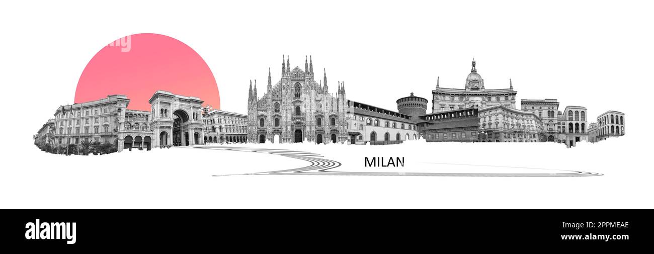 Fotocollage aus Mailand, Italien. Die Collage umfasst die wichtigsten Sehenswürdigkeiten. Kunstdesign Stockfoto