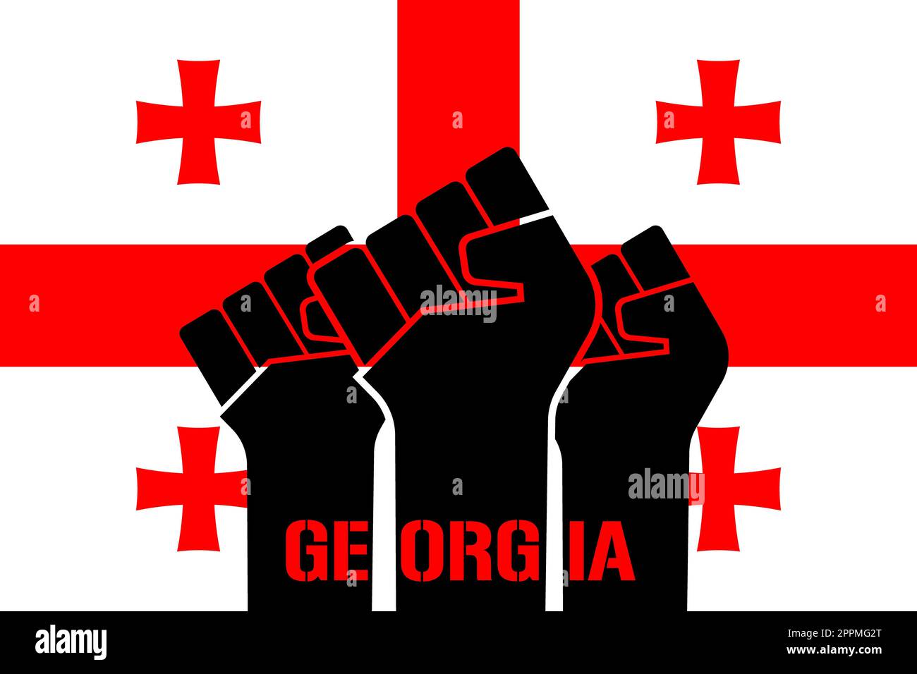 Georgische Flagge und geballte Fäuste mit einem Country-Name-Tattoo. Protest gegen die Behörden über die parlamentarische Unterstützung für das neue Gesetz über die Transparenz ausländischer Einflüsse. Das Konzept des georgischen Volkes. Stockfoto