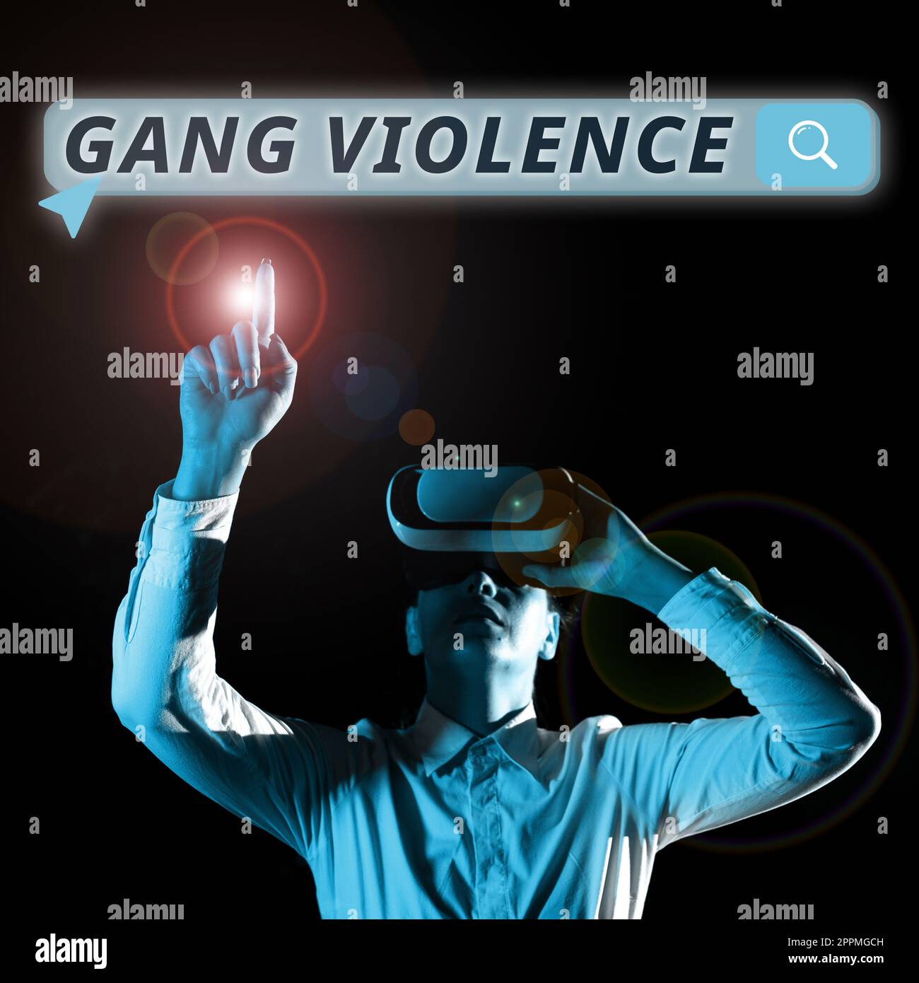 Begrifflicher Titel Gang Gewalt. Internetbegriffsverletzung von Gesetzen durch Gruppe von Kriminellen und Gangstern Stockfoto