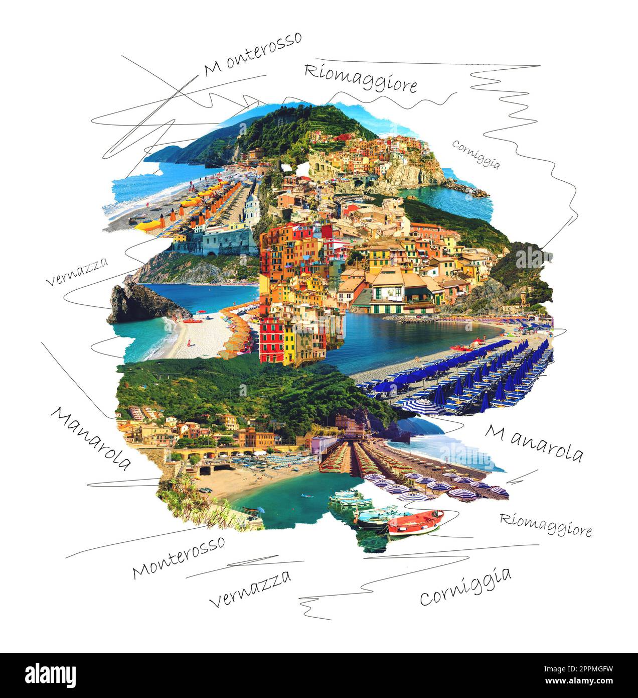 Panoramablick auf Küstendörfer in Cinque Terre, Ligurien, Italien. Kunstcollage, Design Stockfoto