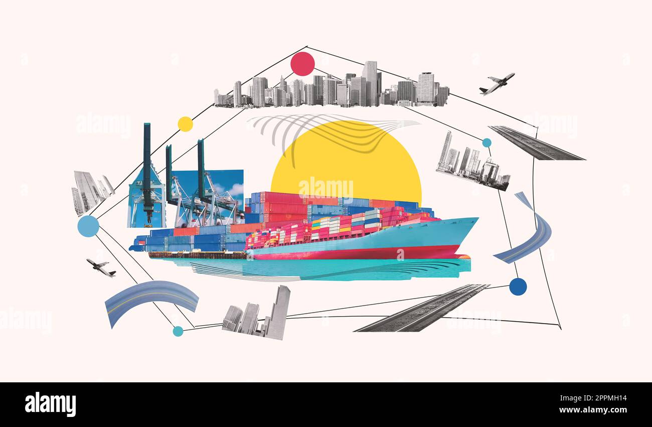 Industriecontainerfrachtschiff für die ein- oder Ausfuhr im Hafen. Abstrakter Designhintergrund, Lkw und Transport. Autobahn und Lieferung. Logistikkonzept Stockfoto