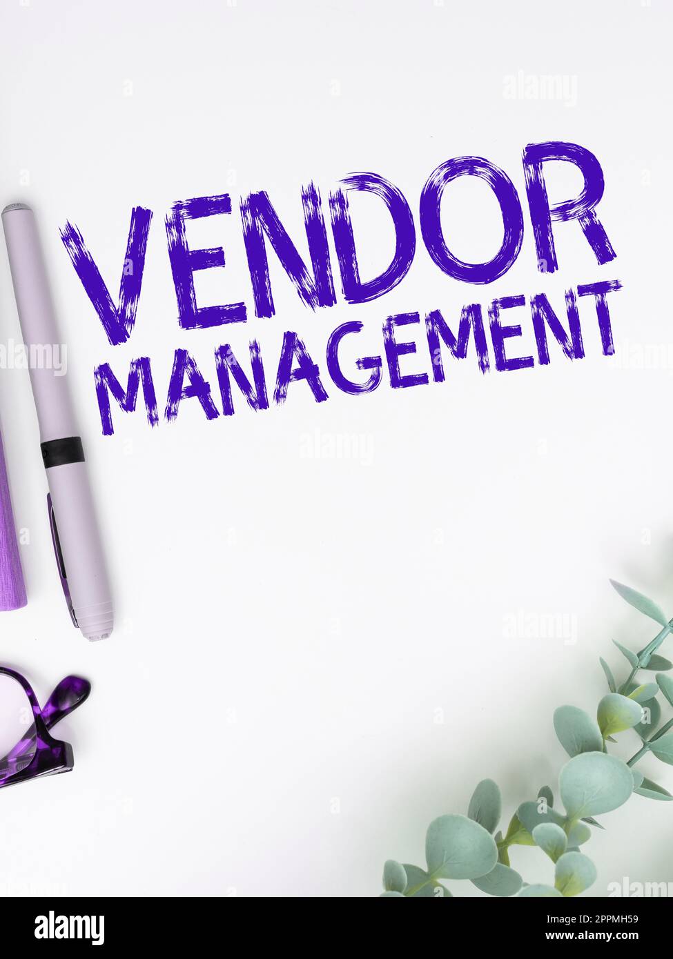 Schild mit der Anzeige „Vendor Management“. Wort für Aktivitäten, die in der Forschung und Beschaffung von Anbietern enthalten sind Stockfoto