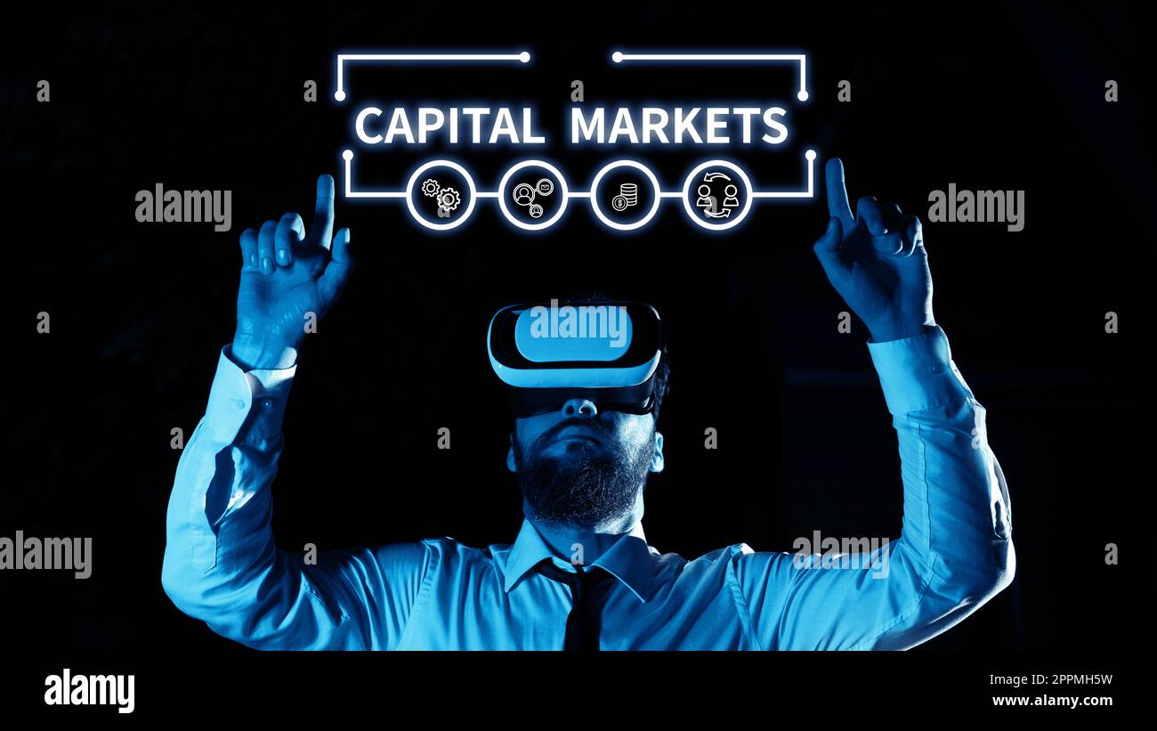 Inspiration mit Zeichen für Kapitalmärkte. Geschäftsüberblick ermöglicht Unternehmen die Kapitalbeschaffung durch Gewährleistung von Marktsicherheit Stockfoto
