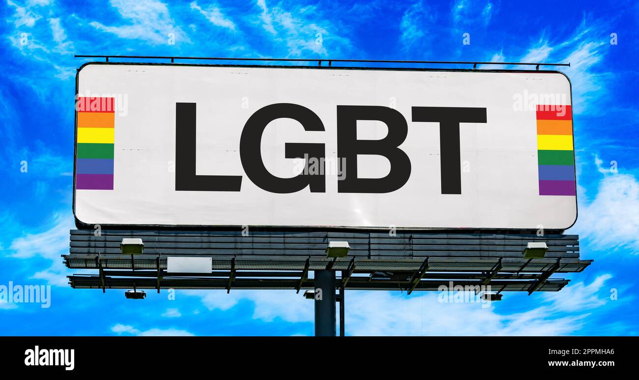 Reklametafeln, auf denen das Zeichen einer LGBT-Bewegung zu sehen ist. Stockfoto
