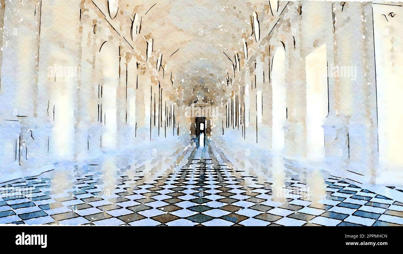 Kreative Illustration der Galerie Reggia di Venaria reale - Italien. Luxuriöse Marmor im Barockpalast Stockfoto