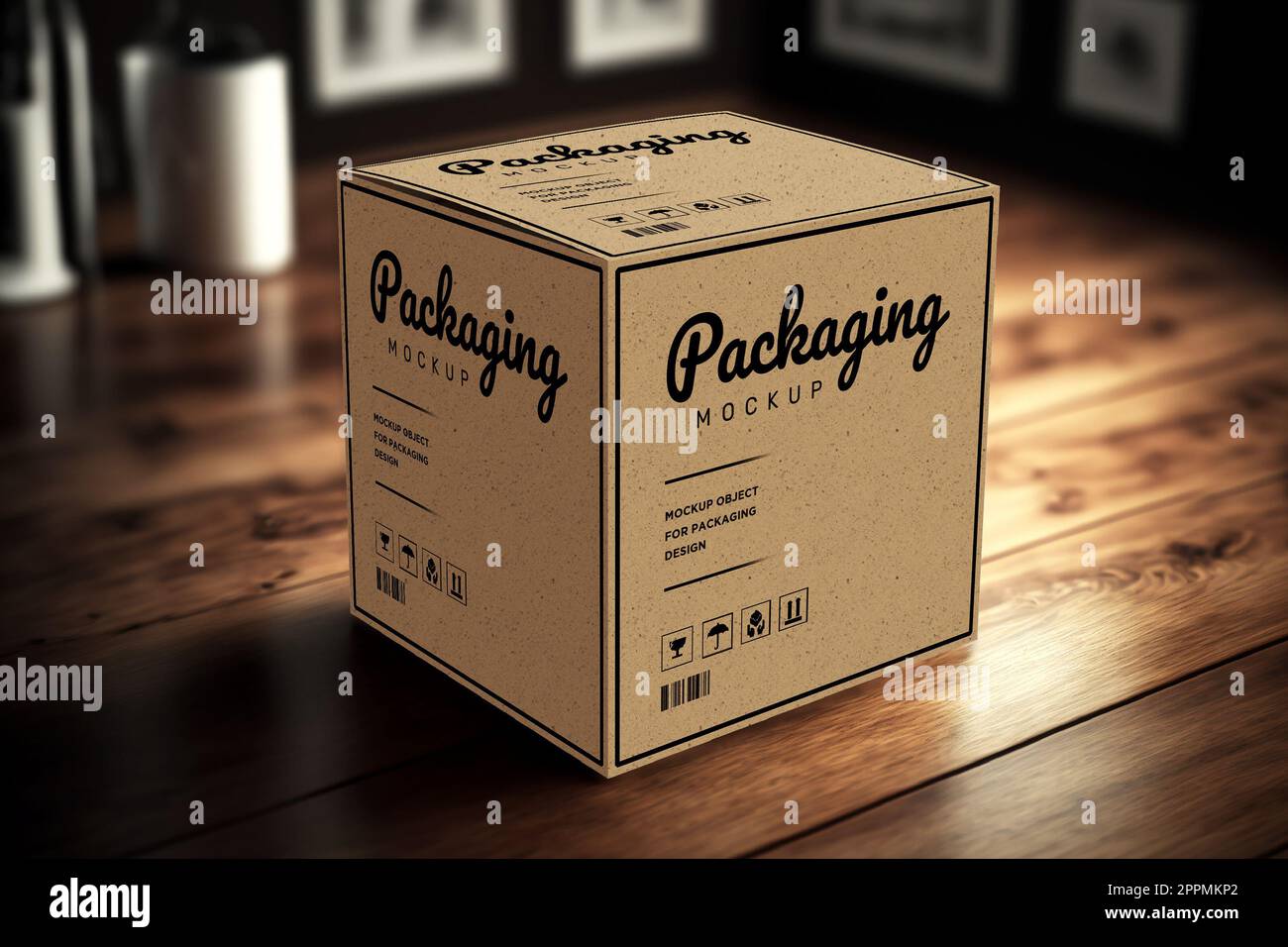 Produkt-Cubic-Box-Modell – realistische braune Kartonverpackung mit Kopierbereich. Stockfoto