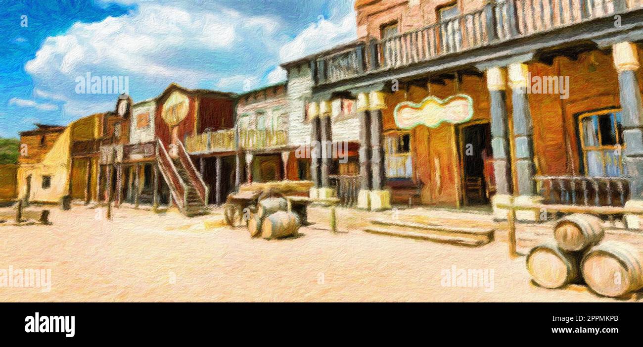 Kreative Illustration in altem Aquarelldesign - Wilder Westen, altes Dorf, ländliche Gebäude mit blauem Himmel. Stockfoto