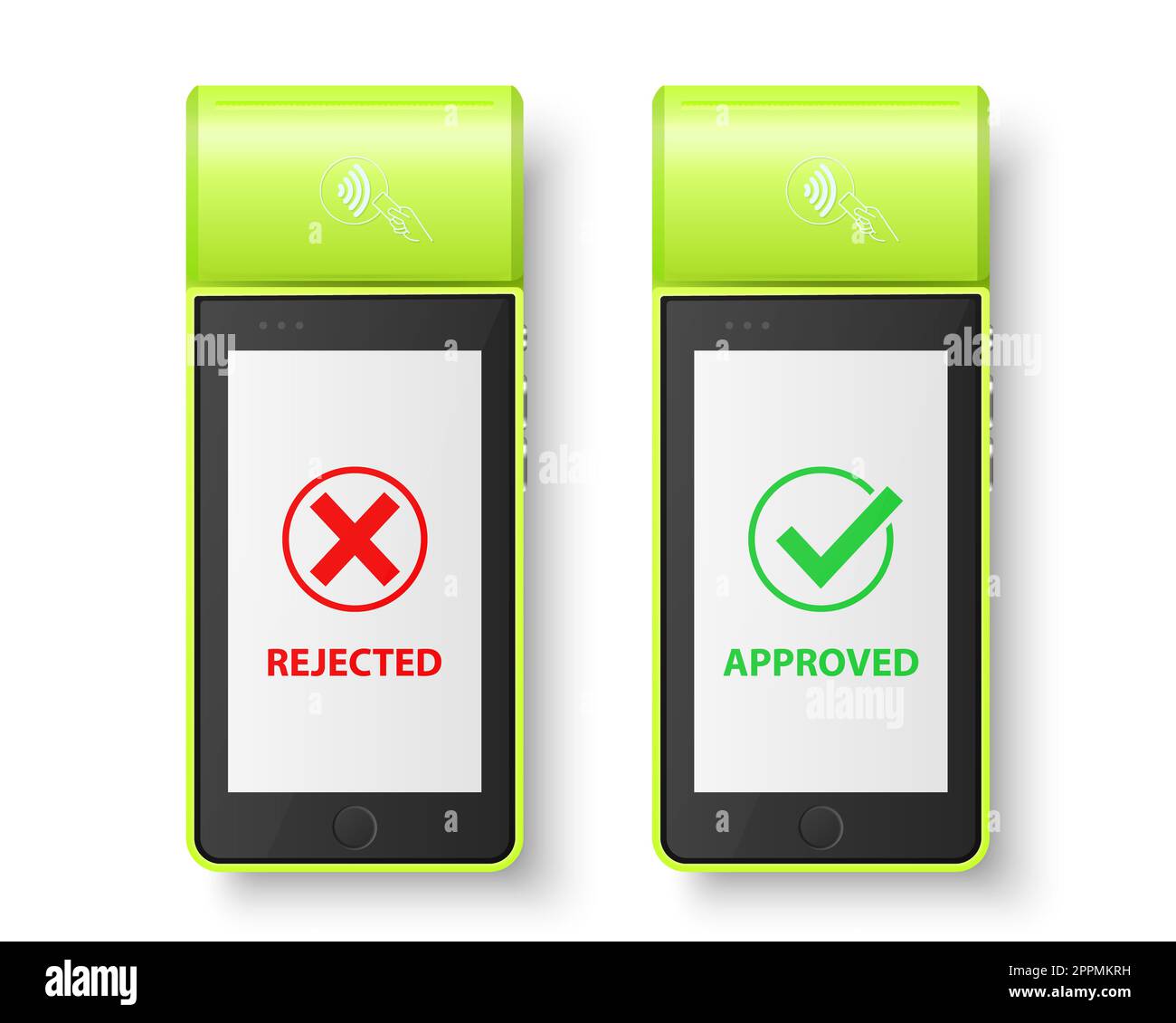 Vector 3D Green NFC-Zahlungsgerät mit Status „genehmigt“ und „abgelehnt“ isoliert. WiFi, Wireless-Bezahlung. POS-Terminal, Machine Design Template of Bank Payment Contactless Terminal, Mockup. Draufsicht Stockfoto