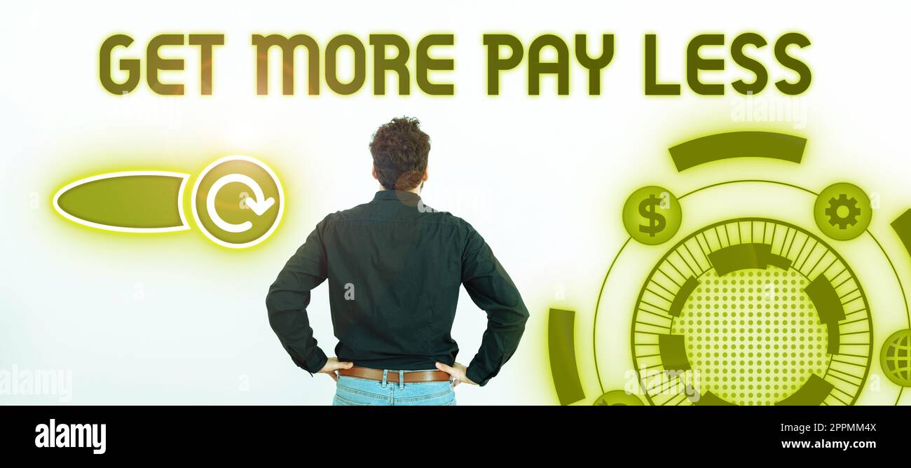 Schild mit der Anzeige „Get More Pay Less“. Geschäftsansatz große Sonderangebote bieten Rabatte und Rabatte beim Kauf Stockfoto