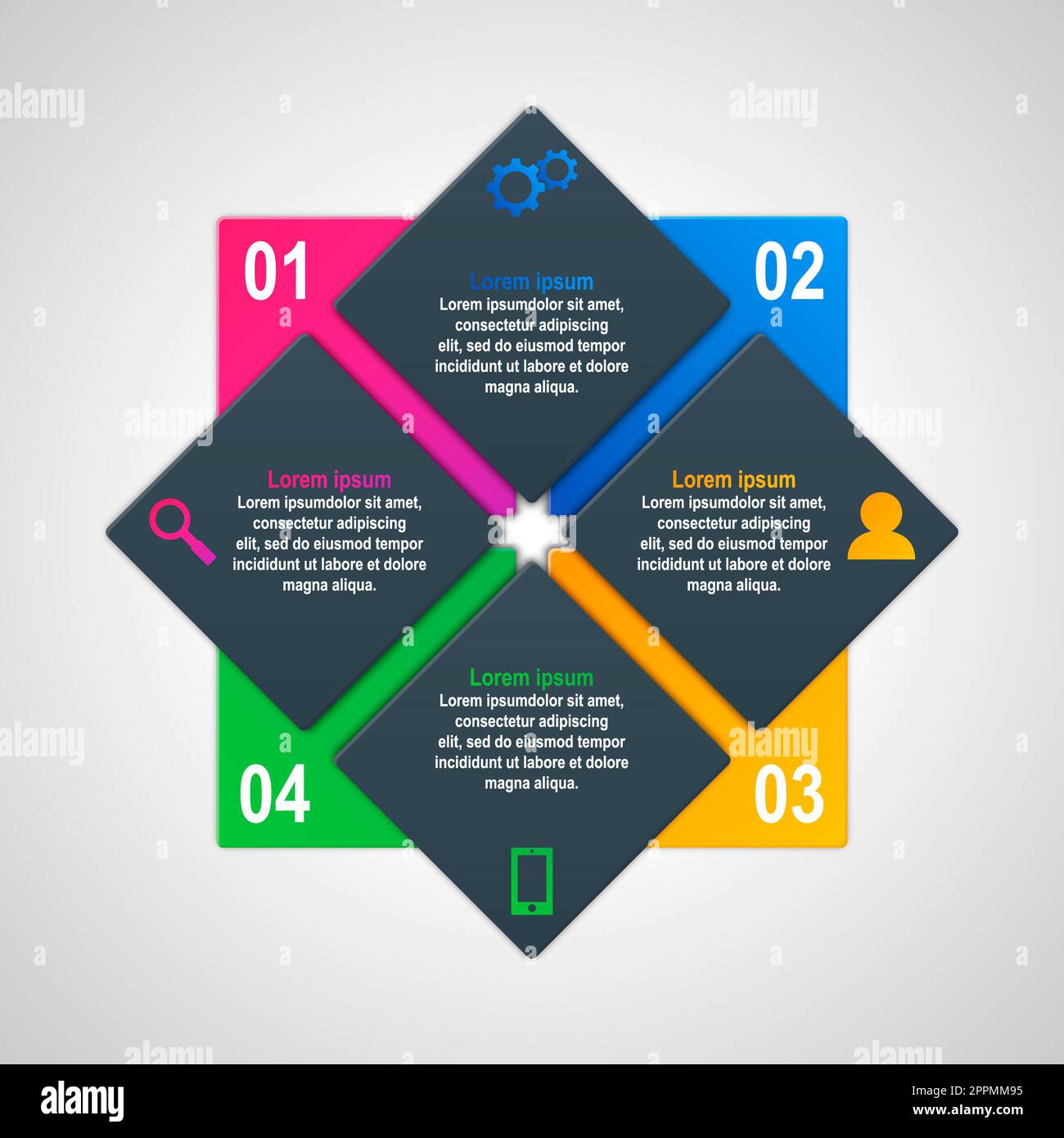 Vektor-Infografik-Vorlage mit vier Optionen für den Materialkonstruktionsstil. Es kann als Diagramm, nummeriertes Banner, Präsentation, Diagramm, Bericht, Web usw. Stockfoto