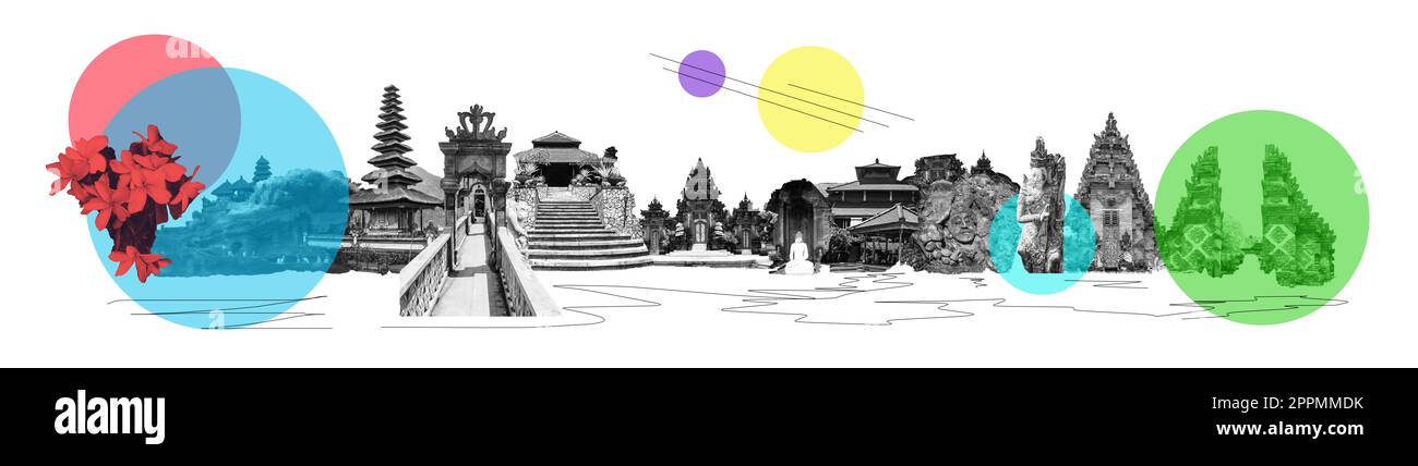 Die Collage zum Thema Bali, Indonesien. Tamples. Reise- und Urlaubskonzept. Kunstdesign Stockfoto