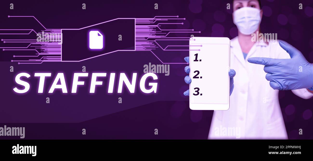 Schild mit Staffing. Wort für den Prozentsatz der Mitarbeiter, die durch neue Mitarbeiter ersetzt wurden Stockfoto
