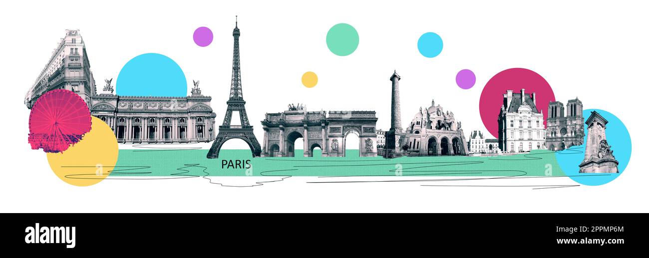 Zeitgenössisches Design oder Kunstcollage über Paris. Modischer Vintage-Style. Reise- und Urlaubskonzept Stockfoto