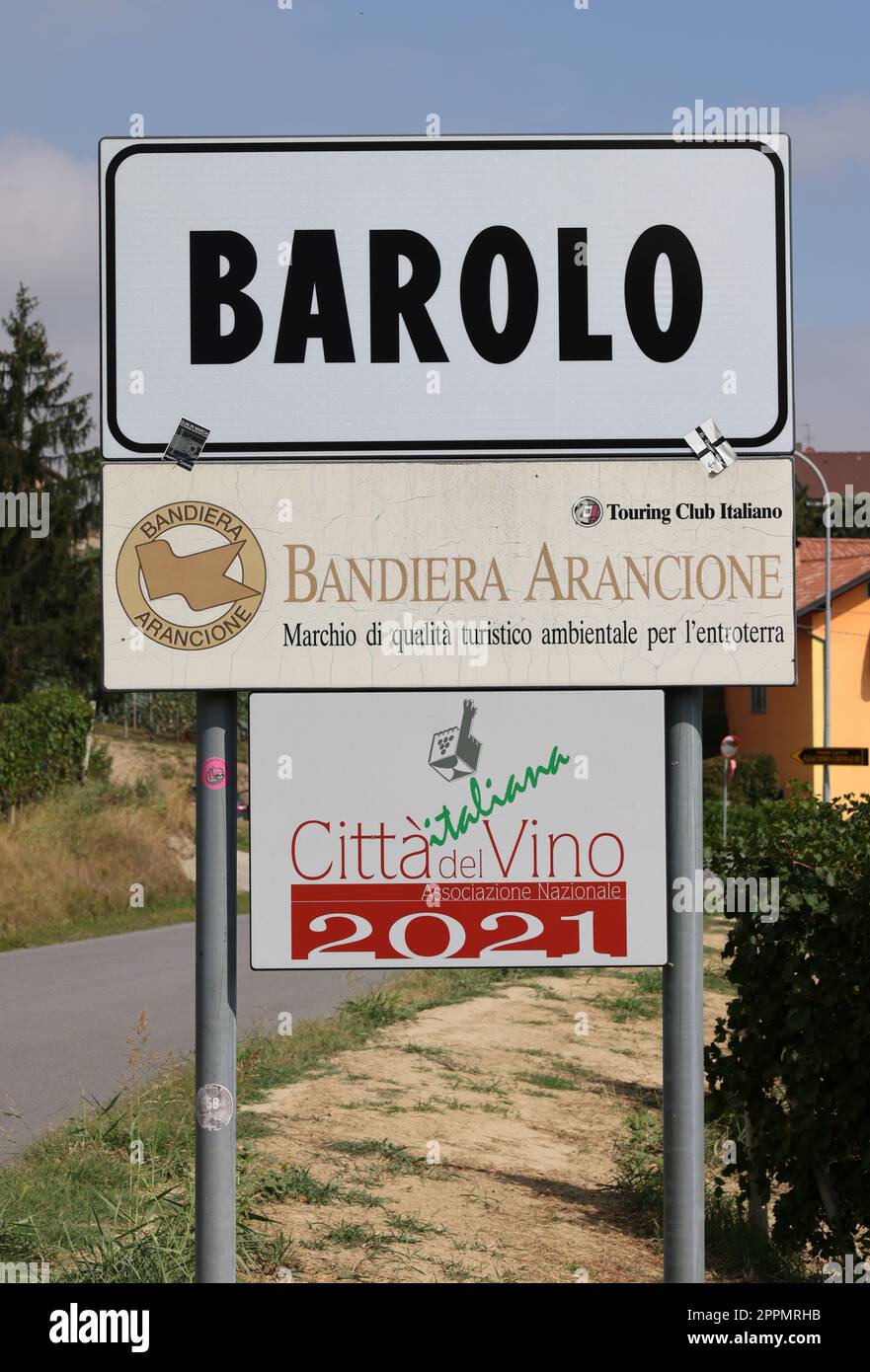 Barolo Dorf Straßenschild, UNESCO-Stätte, Italien Stockfoto