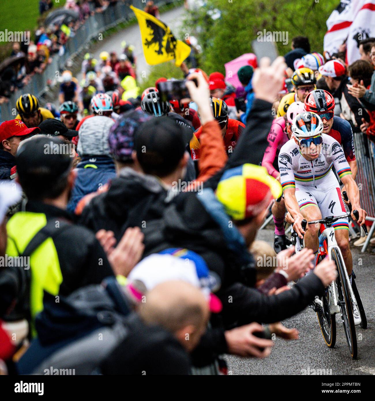 Belgischer Remco Evenepoel von Soudal Quick-Step in Aktion während des Männer-Elitenrennen der eintägigen Radtour Lüttich-Bastogne-Lüttich, 258,5km km von Lüttich, über Bastogne nach Lüttich, Sonntag, 23. April 2023. BELGA FOTO JASPER JACOBS Stockfoto