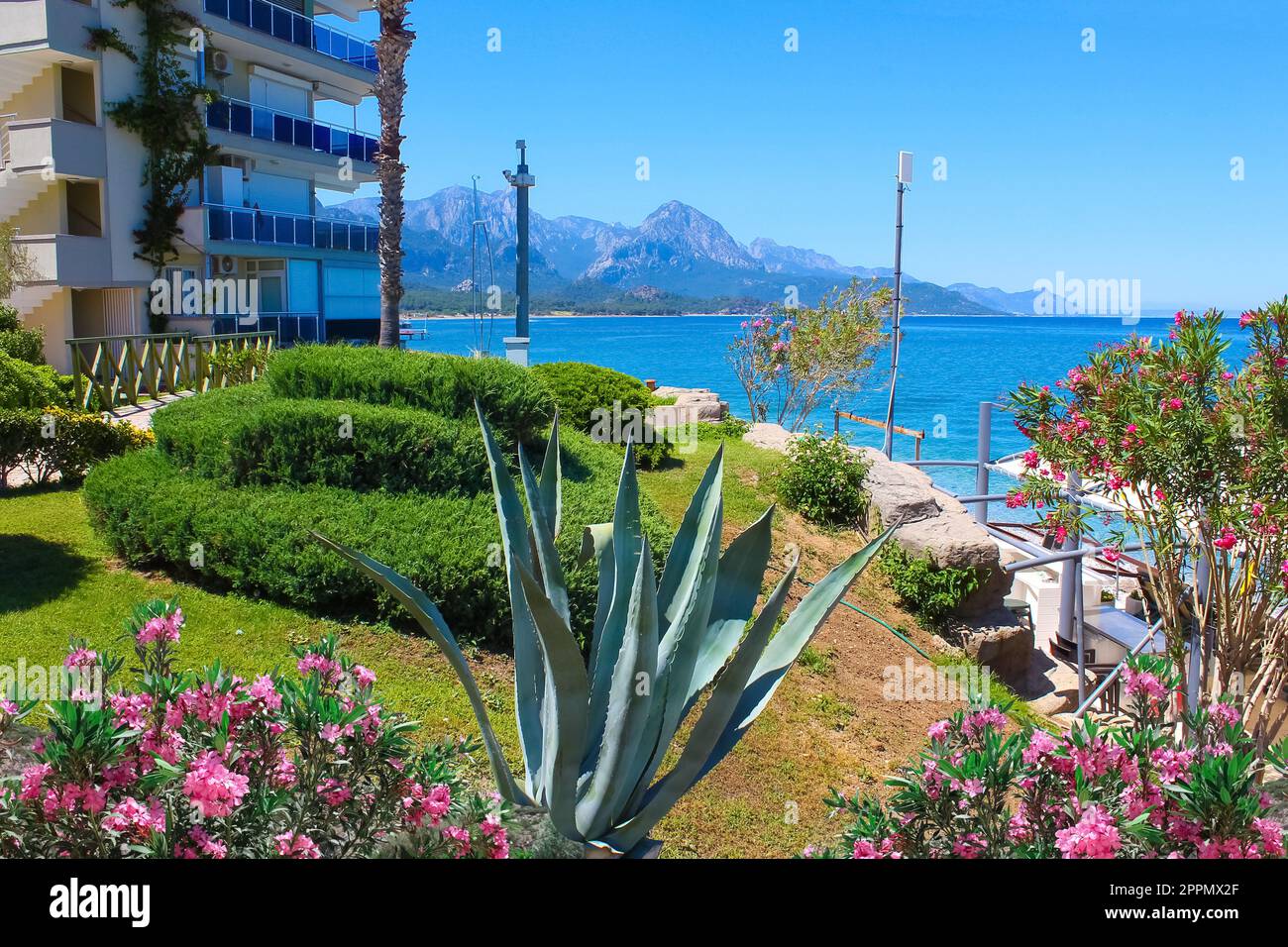 Panorama des Strands in Kemer, Antalya, Türkei Stockfoto