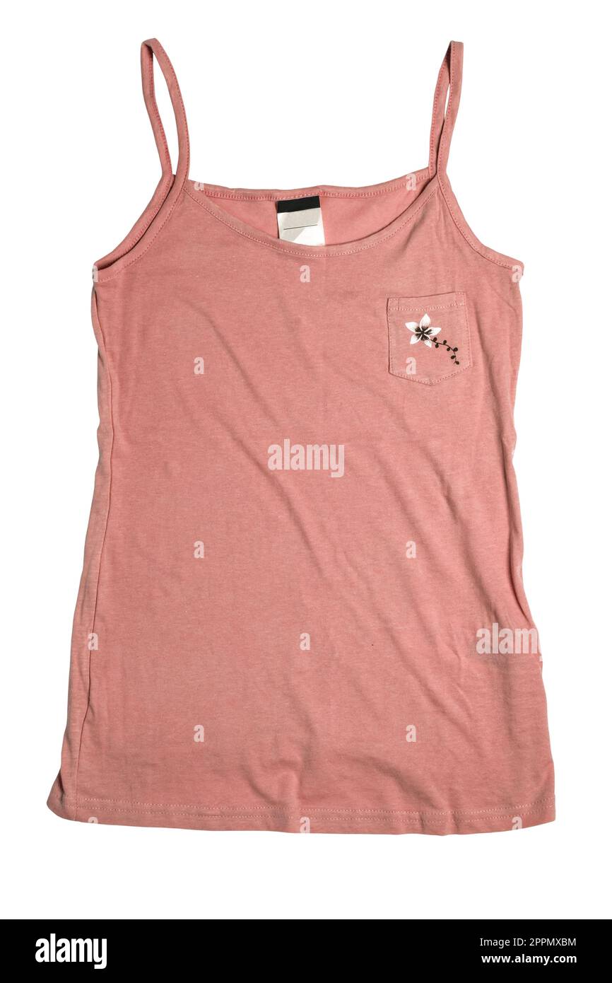 Ärmelloses Hemd isoliert. Nahaufnahme eines Mädchenhemds oder -T-Shirts mit pinkfarbenen Bändern auf dem Rücken isoliert auf weißem Hintergrund. Beschneidungspfad. Kindermode. Stockfoto