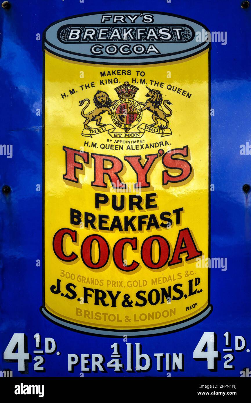 Vintage-Metallschild. Fry's Cocoa, England, Großbritannien Stockfoto