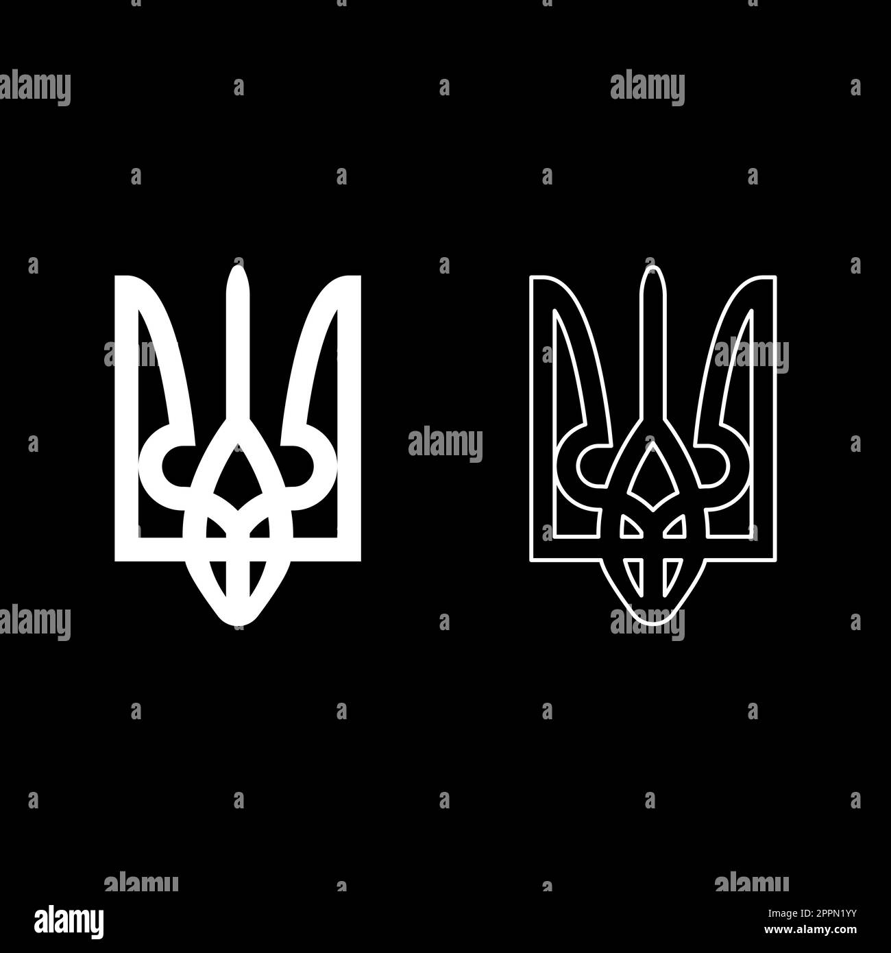 Ukraine Wappen Nationallogo Siegel ukrainischer Staat Symbol Dreizack Trident Trident Trizub Set Symbol weiß Farbe Vektor Illustration Bild einfarbig Umriss Kontur Linie dünn flacher Stil Stock Vektor