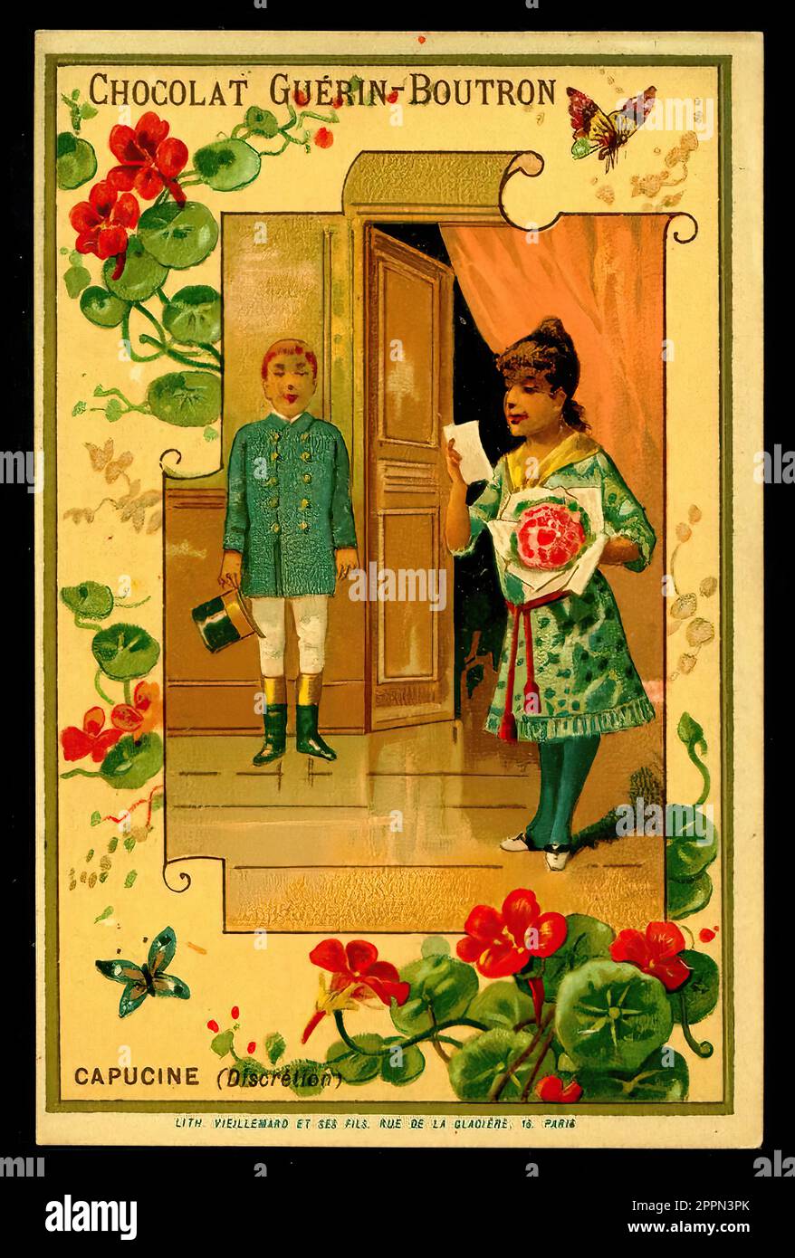 Sprache der Blumen - Nasturtium - Vintage French Tradecard - Belle Epoque-Ära Stockfoto