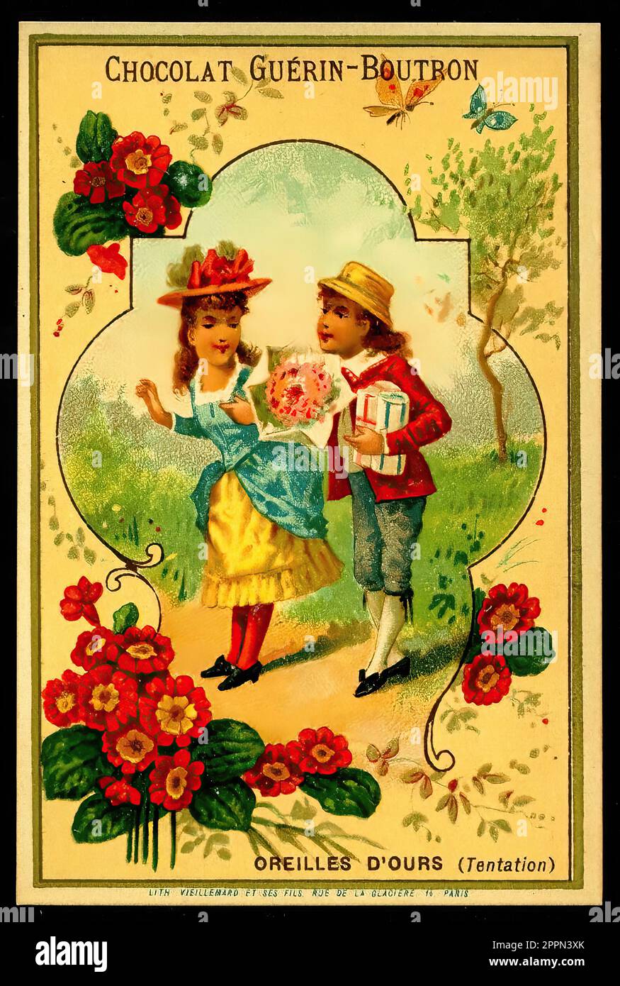 Sprache der Blumen - Auriculas - Vintage French Tradecard - Belle Epoque-Ära Stockfoto