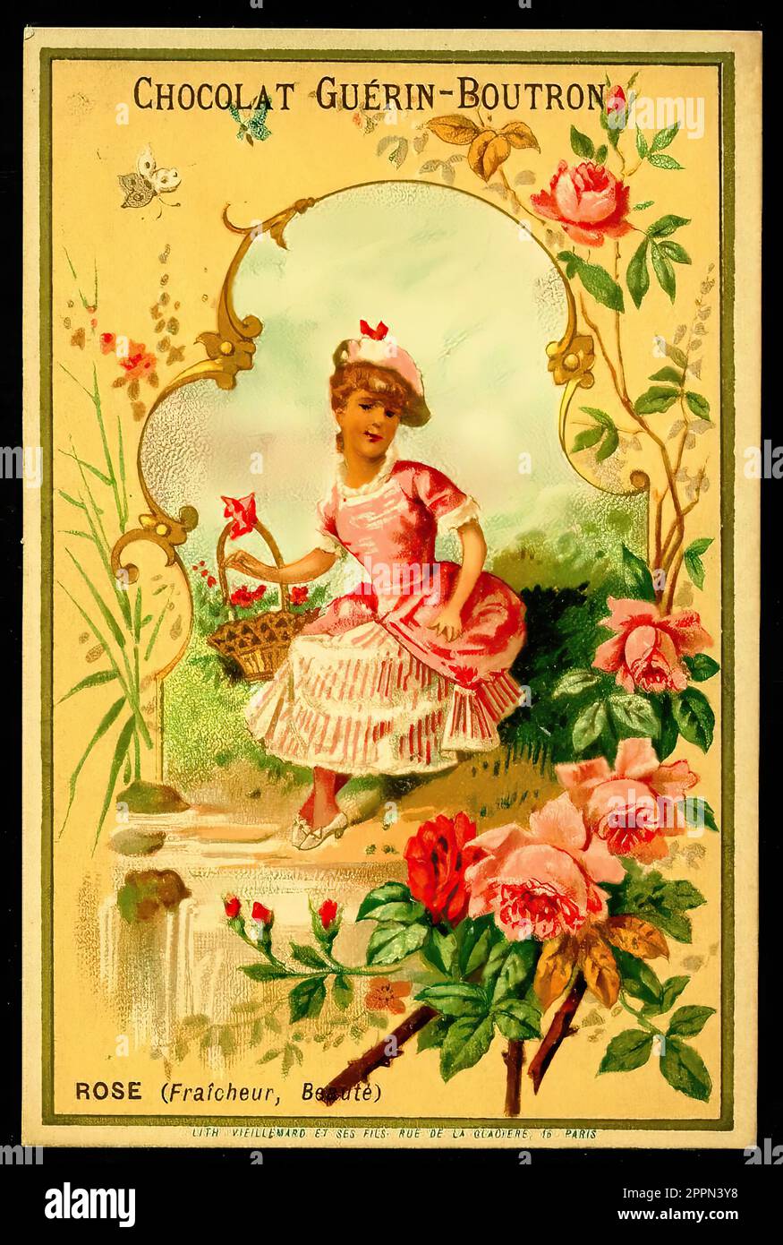 Sprache der Blumen - Rose - Vintage French Tradecard - Belle Epoque-Ära Stockfoto