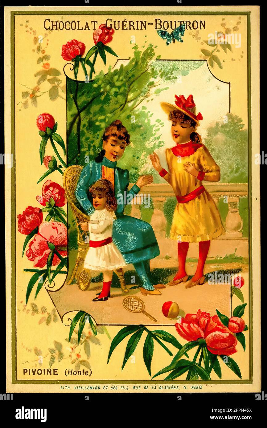 Sprache der Blumen - Pfingstrosen - Vintage French Tradecard - Belle Epoque-Ära Stockfoto