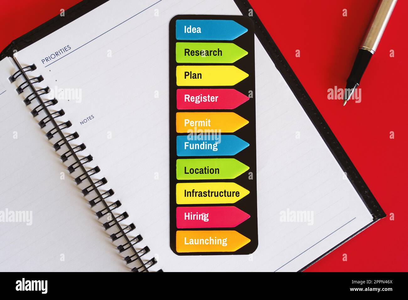 „Bunt Sticky Notes for Business“ – farbenfrohe Haftnotizen auf rotem Hintergrund mit Tagebuch und Stift für wichtige Geschäftsschritte. Stockfoto