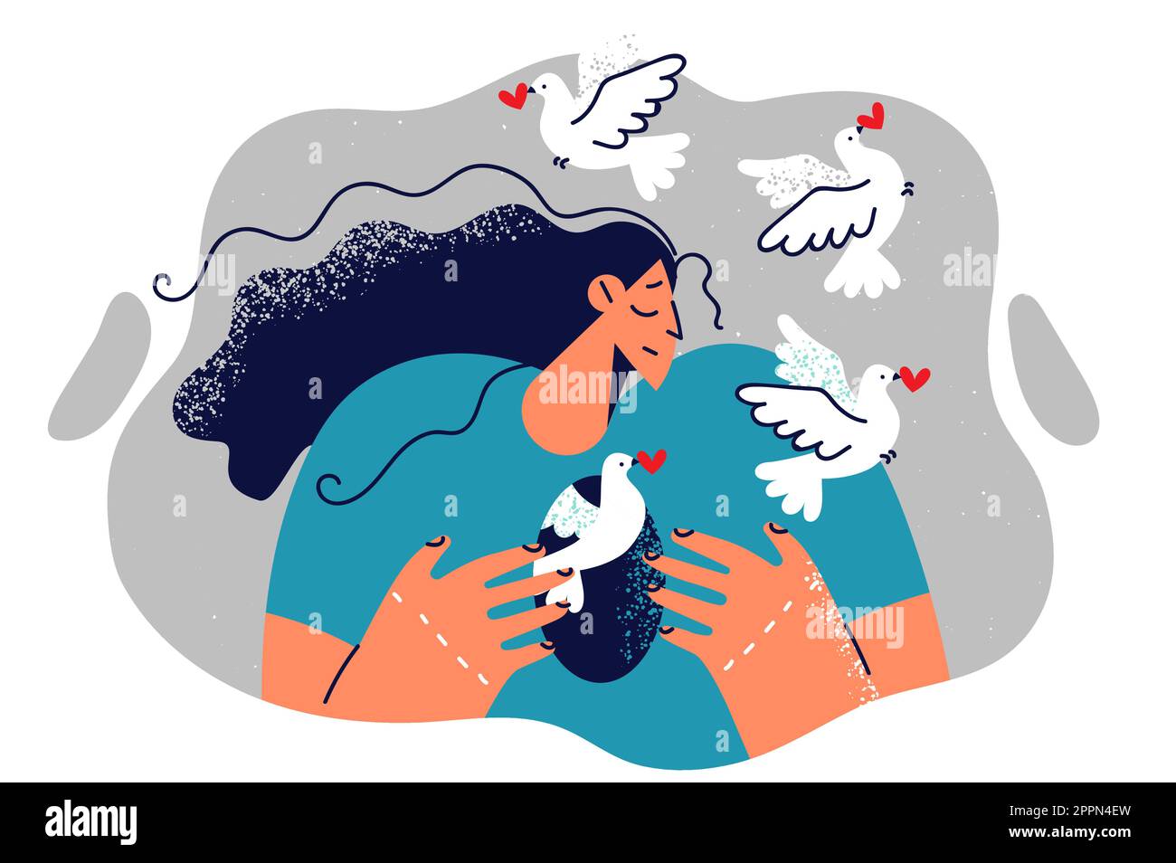 Eine Frau mit einem Loch im Körper und fliegende Tauben symbolisieren die Befreiung von romantischer sucht Stock Vektor