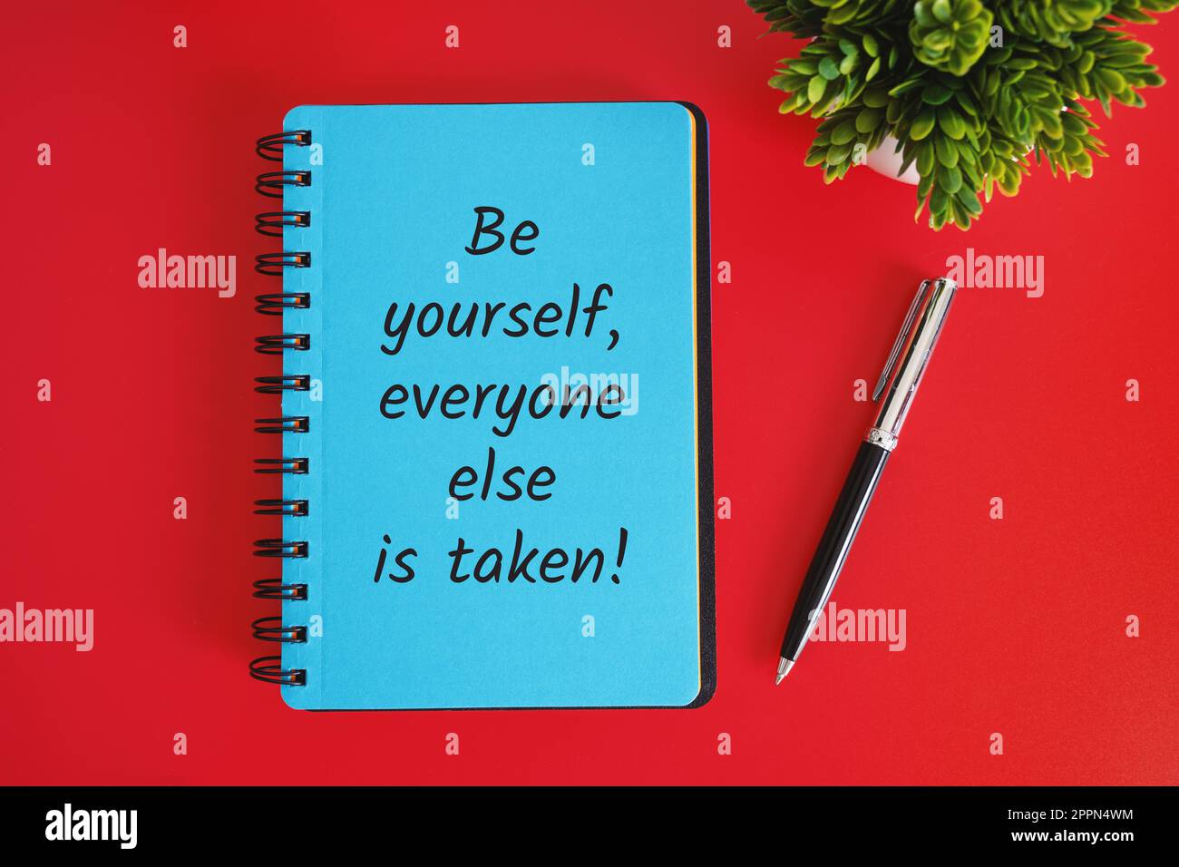 „Notebook mit handgeschriebener Lebensstunde“ – ein Notizbuch mit handgeschriebener Lebensstunde auf rotem Hintergrund. Stockfoto
