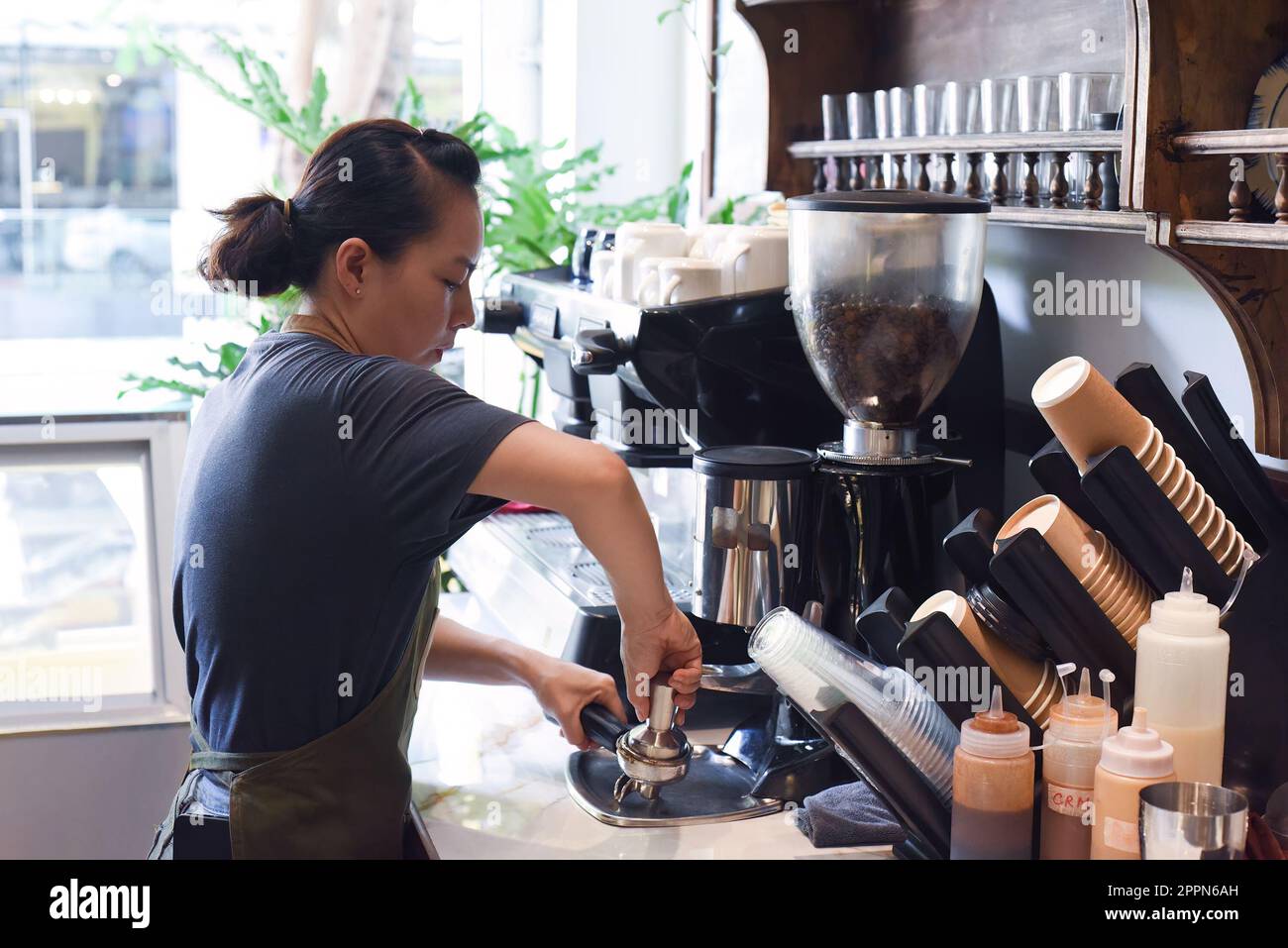 Vietnamesischer Barista, der Kaffeebohnen für eine Nahaufnahme der Kaffeemaschine presst Stockfoto