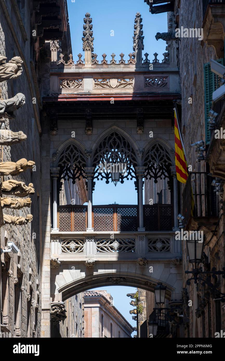 Künstlerische Brücke zwischen zwei Gebäuden, Pont del Bisbe, Carrer del Bisbe, Barri Gotic, Barcelona, Katalonien, Spanien Stockfoto