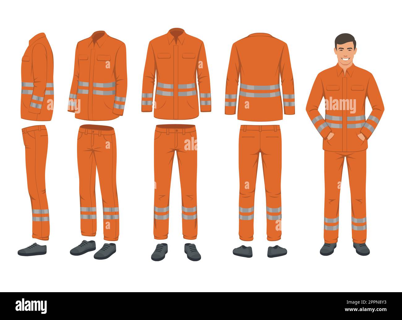 Uniform. Arbeitskleidung Modell. Jacke oder Weste. Sicherheitsausrüstung. Kleidung für Arbeiter. Vector-Profi-Bekleidungsset Stock Vektor