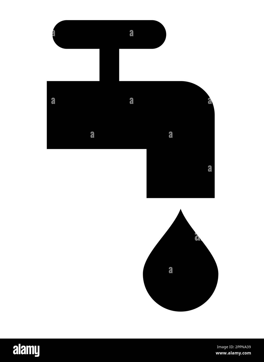 Tropfwasserhahn – schwarz-weißes Vektorsilhouettensymbol, Abbildung eines Wasserhahns mit tropfenförmigem weißem Hintergrund Stock Vektor