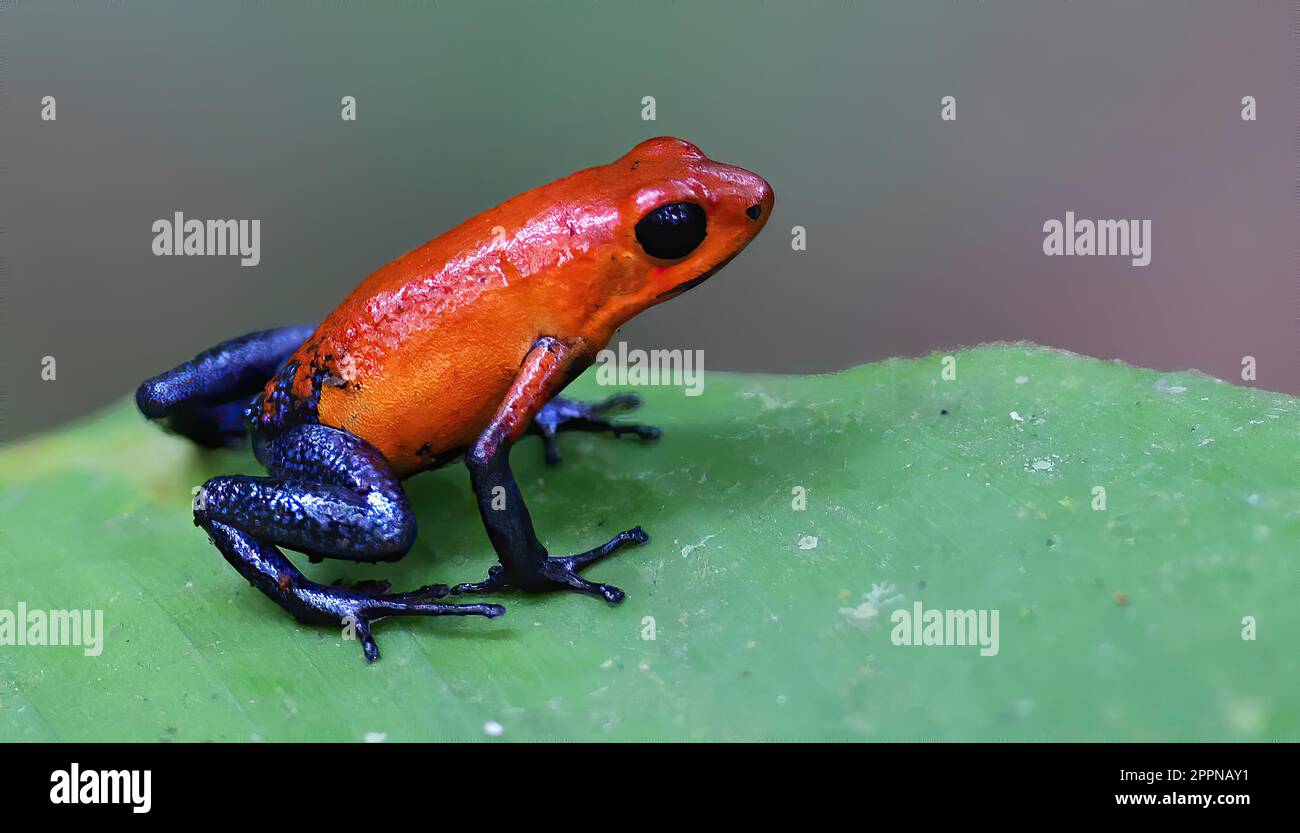 Erdbeer-Giftpfeil-Frosch auf grünem Blatt, Costa Rica Stockfoto