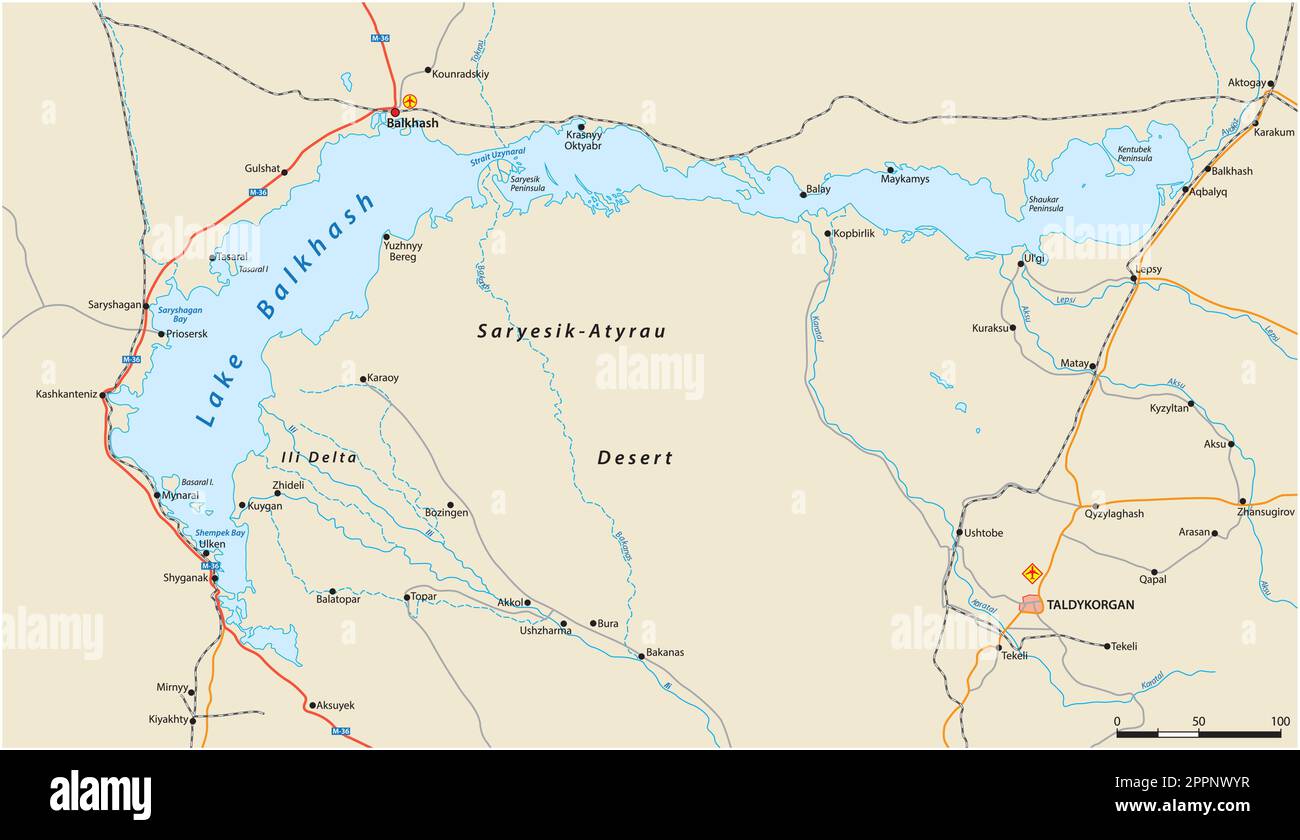 Vektorkarte des Balkhasch-Sees im Osten Kasachstans Stock Vektor