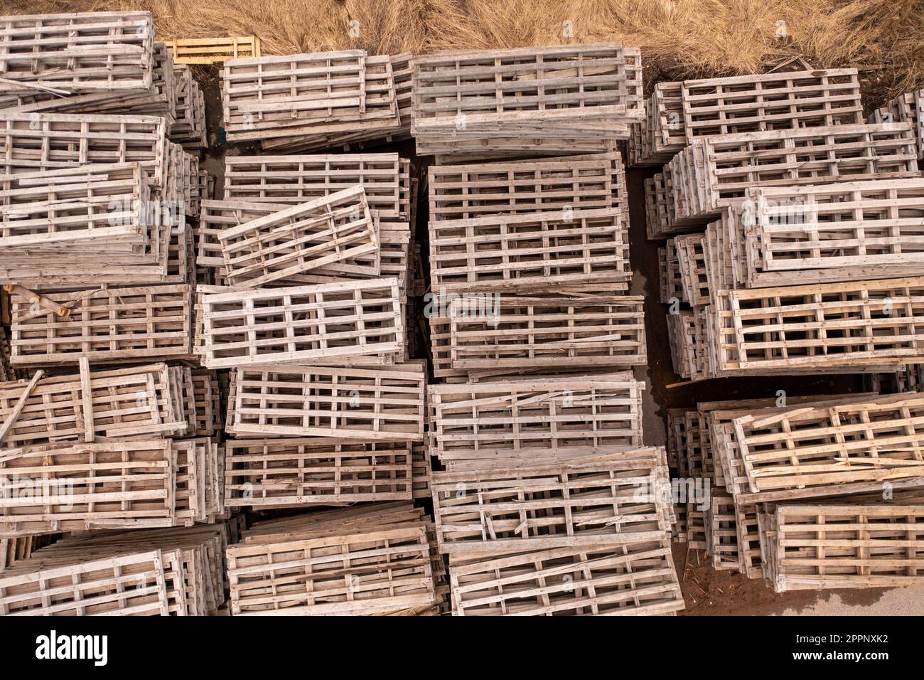 Drohnenaufnahmen von Palettenstapeln im Sägewerk während des Sommertags. Großer Blickwinkel. Stockfoto