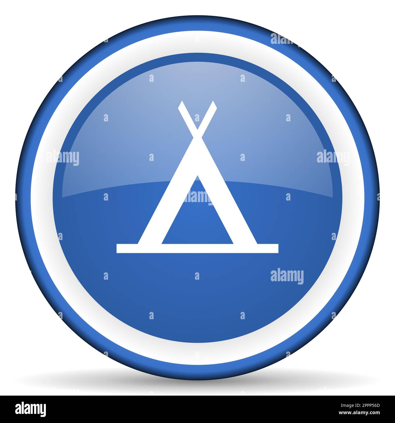Glänzendes Websymbol „Camp“, blaue kreisförmige Schaltfläche auf weißem Hintergrund isoliert Stockfoto