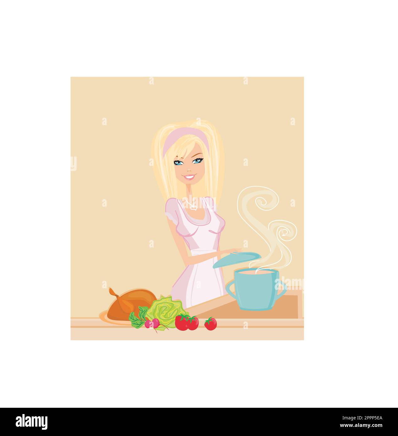 Schöne Dame Suppe kochen Stock Vektor