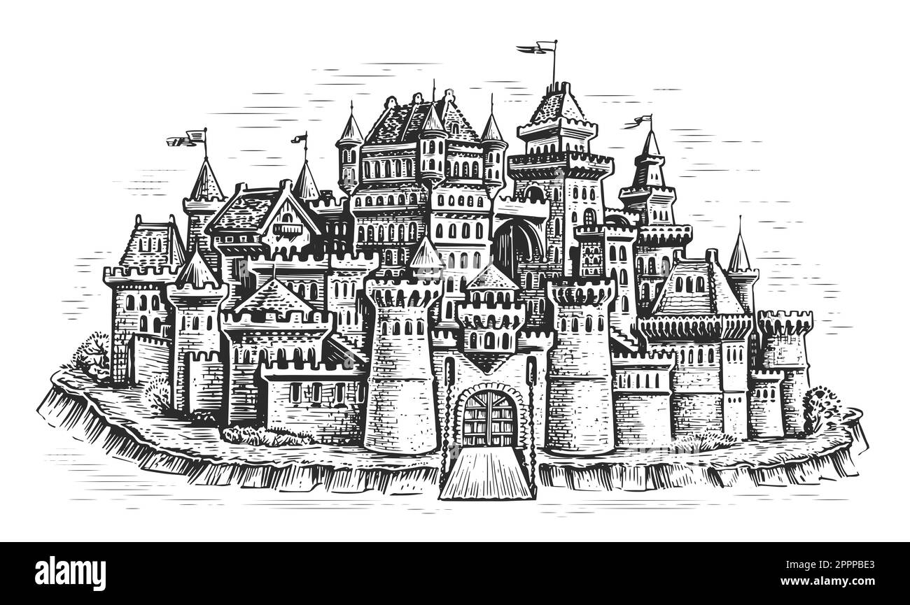 Mittelalterliche Stadt. Steinschloss mit Türmen. Stadtbild im Vintage-Stil. Handgezeichnete Skizze Stockfoto
