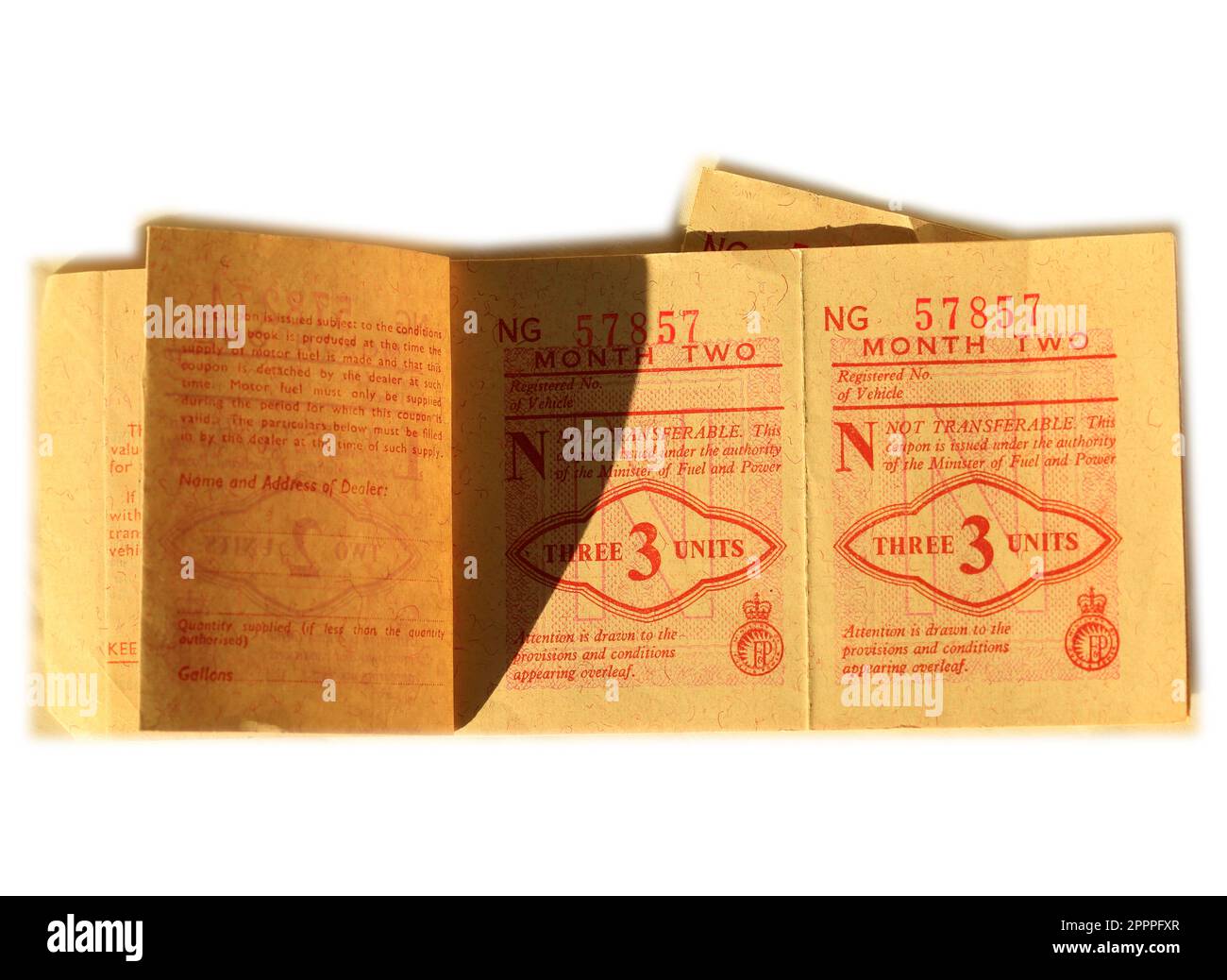 Coupons für die Kraftstoffration nach dem Krieg (uk). (Suez-Krise) Stockfoto